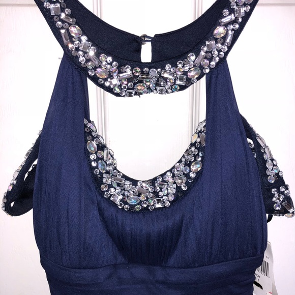 Long Navy High Neck Off Shoulder Prom Dress - Picture 2 of 3